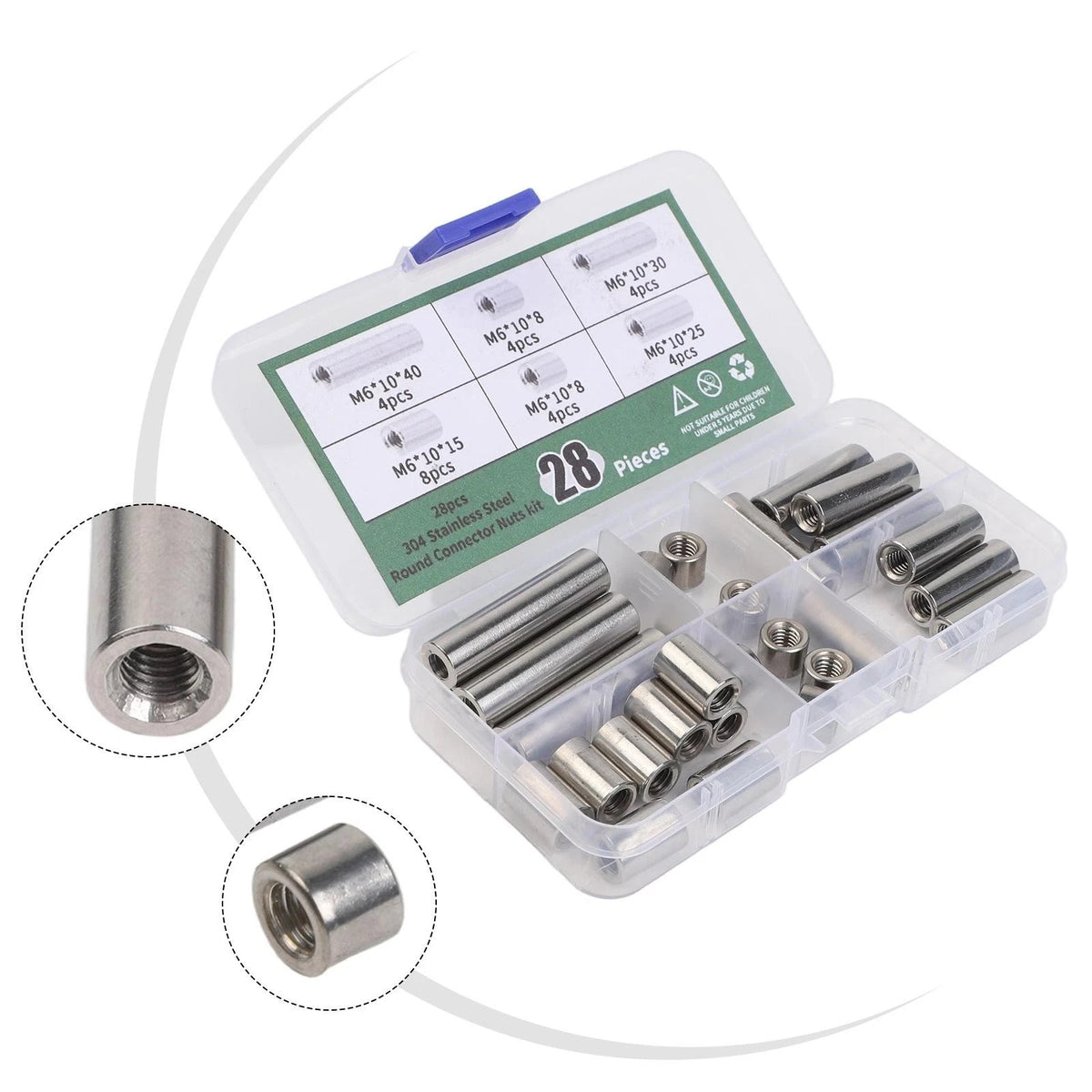 28 Pieces M6 Stainless Steel Connector Nuts Kit with Round Burr Design