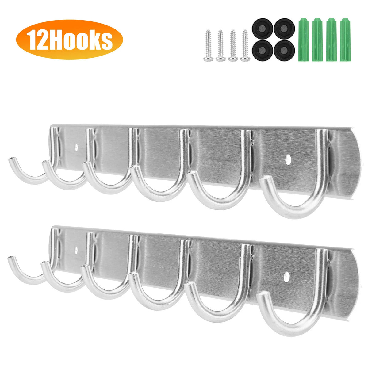 12/6 Hook Wall Mount Rack for Coats, Hats, Towels, Bags
