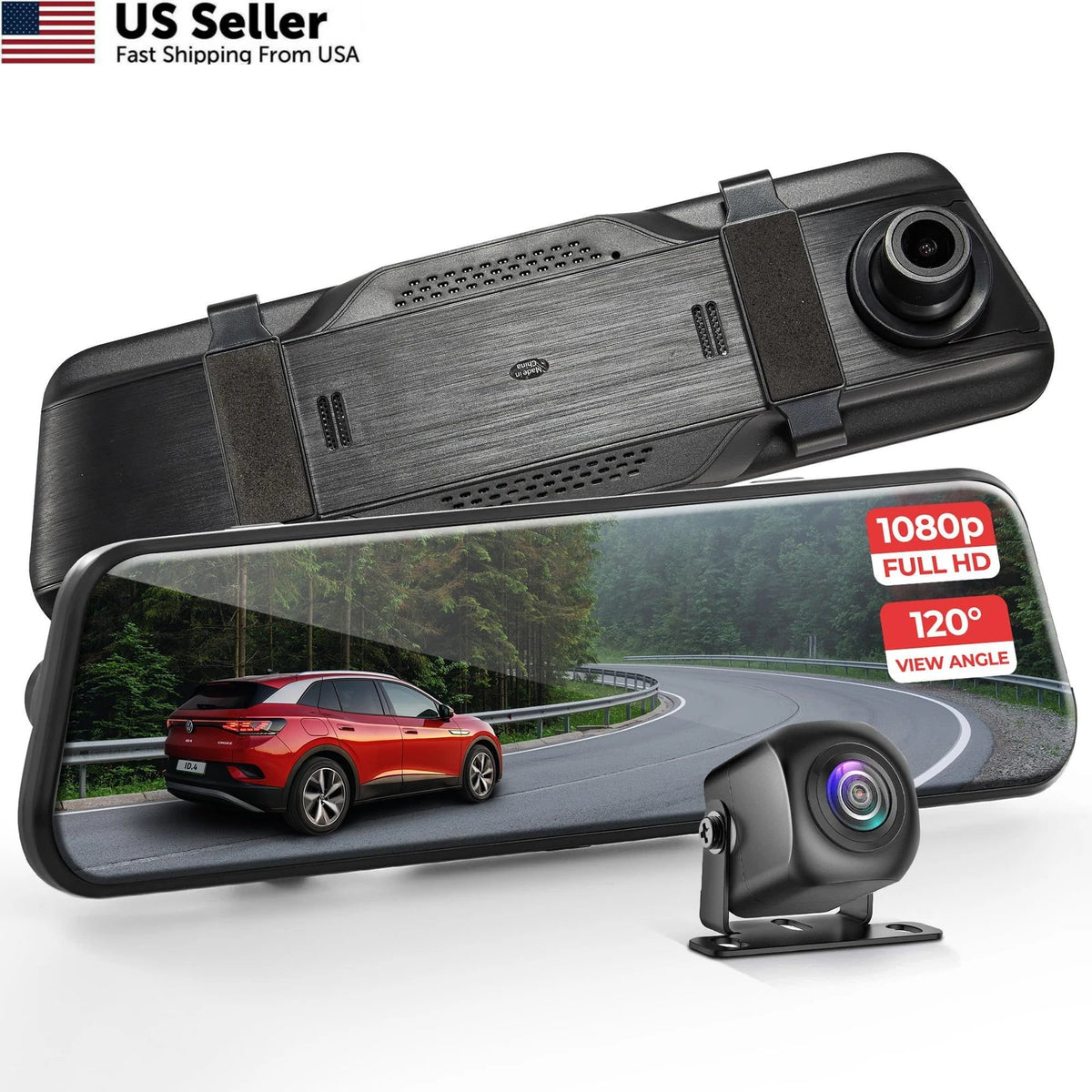 Pyle Dual Dash Cam Rearview Mirror for Car (1080p Full HD)