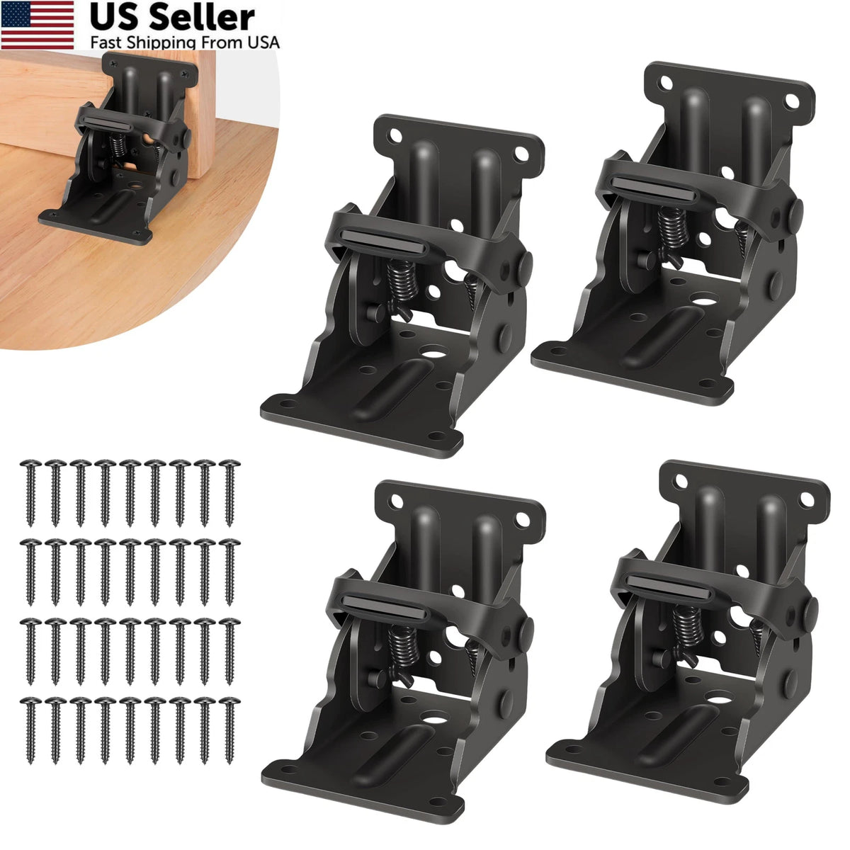 Set of 4 Folding Brackets with Screws for Table - Black