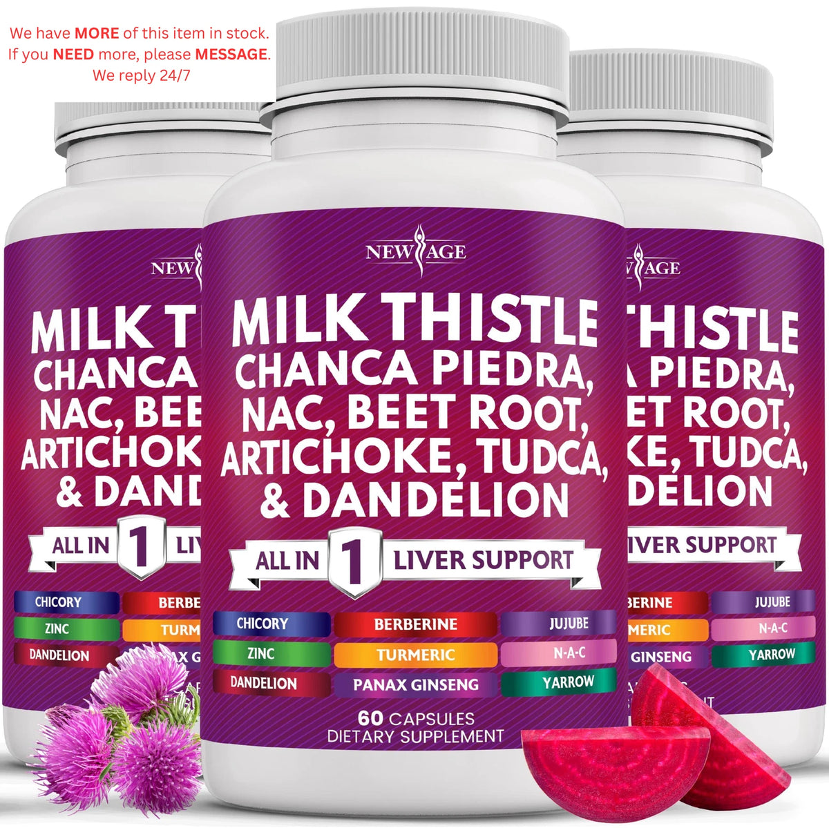 Pack of 3 Milk Thistle NAC Chanca Piedra Beet Root 60 Count