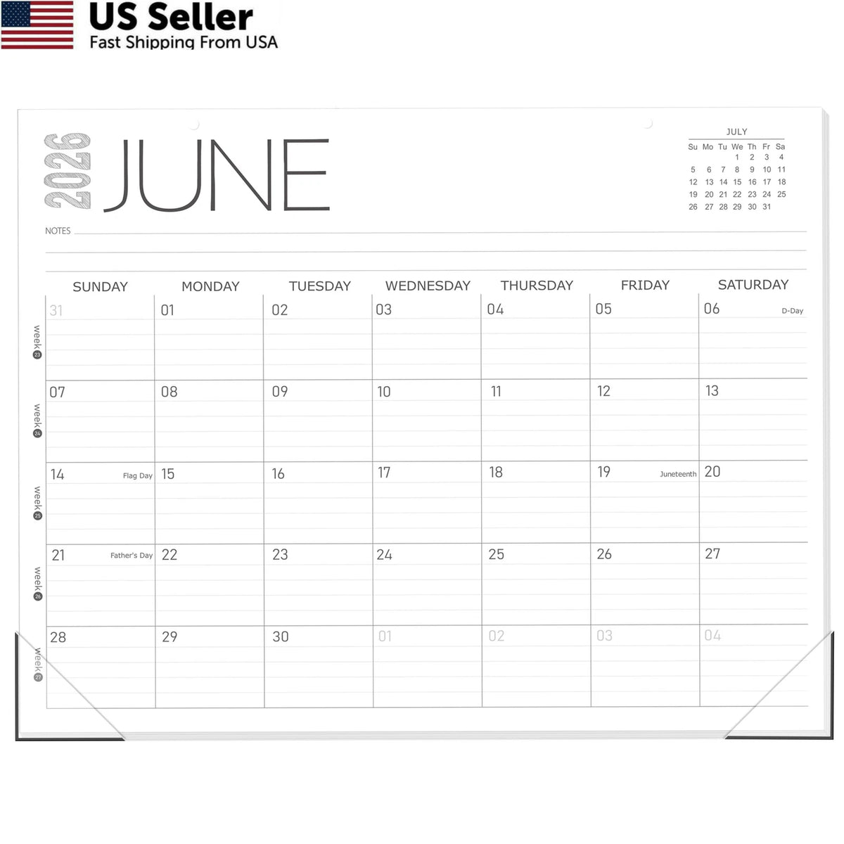 Desk Calendar for 2026 (12-Month, 14"x11", Jun White)