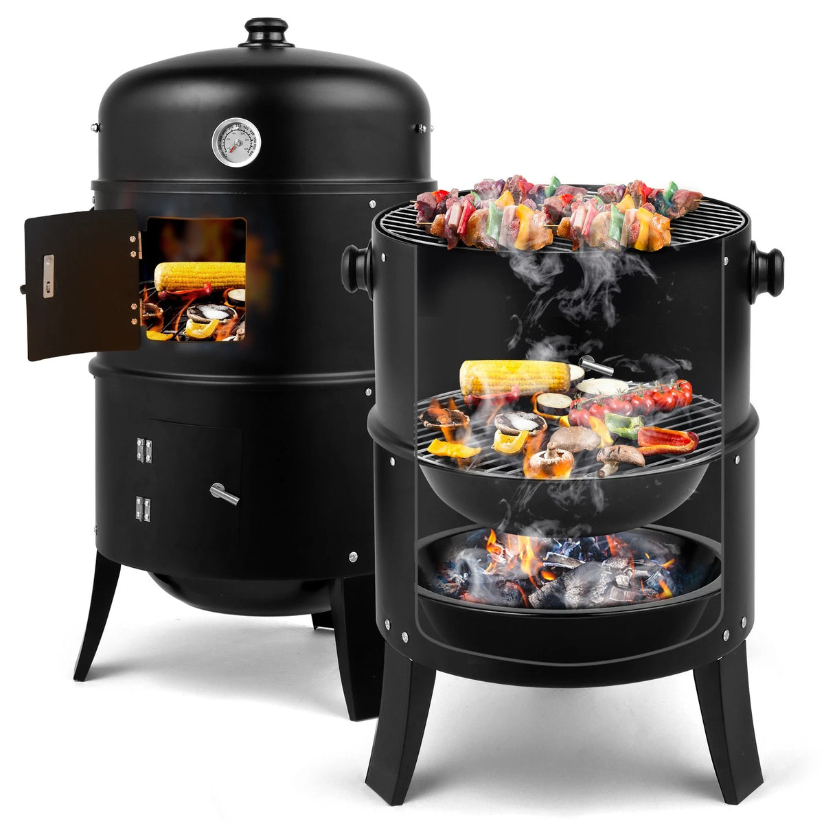 3-in-1 Portable Charcoal BBQ Smoker Grill for Outdoor Camping