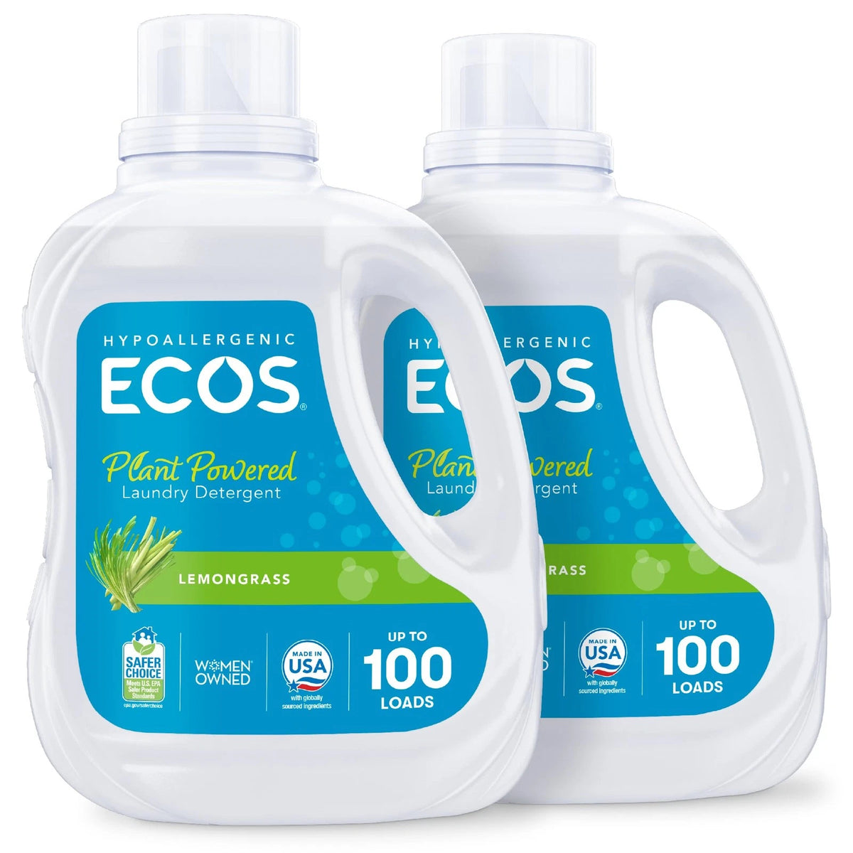 2X ECOS Laundry Detergent Liquid, 200 Loads, 100 Fl Oz, Lemongrass