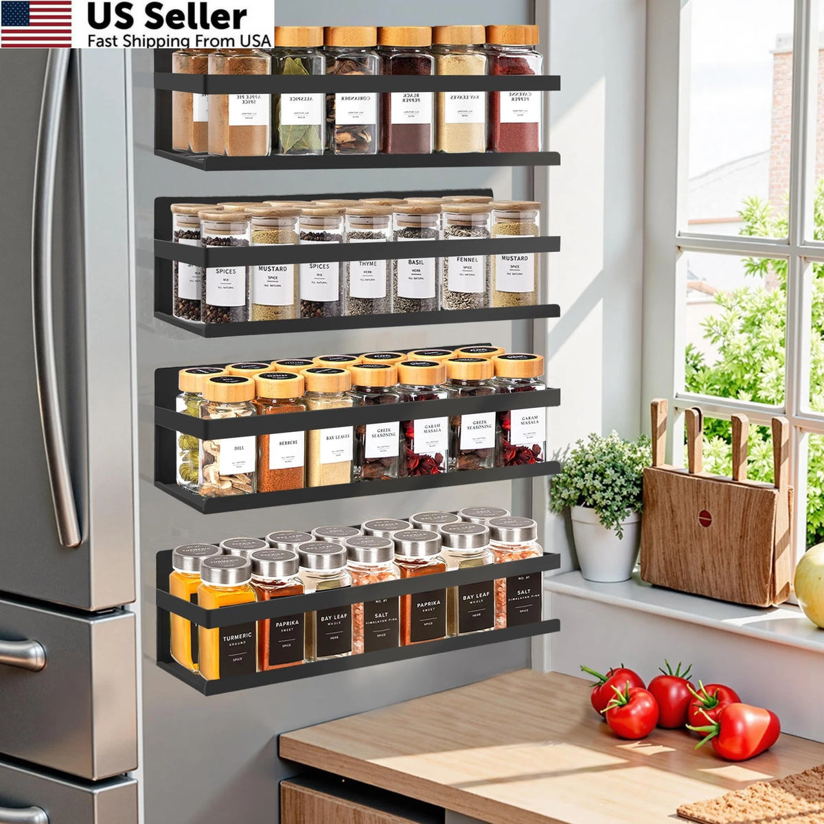 Set of 4 Magnetic Spice Racks for Refrigerator - Black