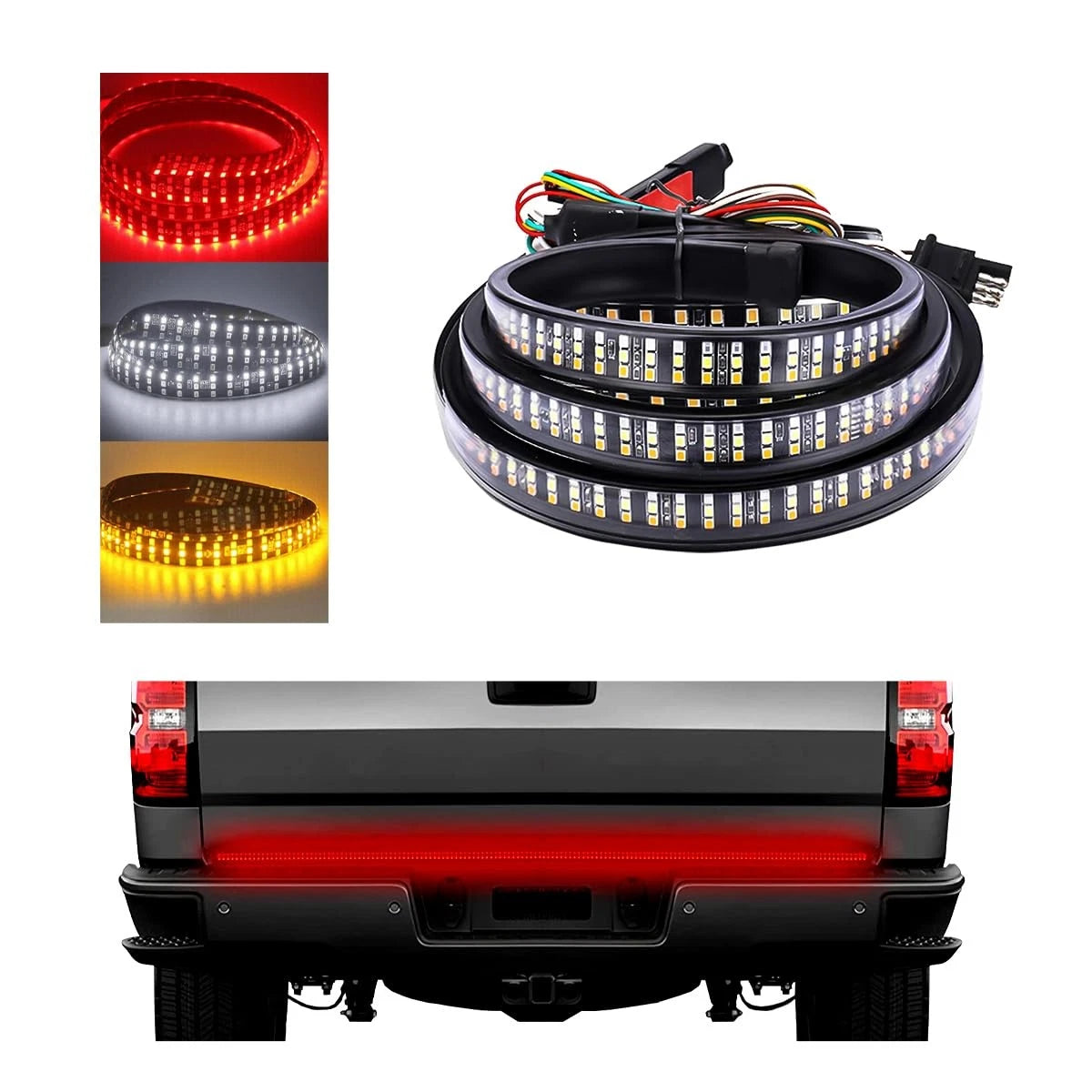 59" Triple Row LED Tailgate Light Bar for Trucks (Red Running, White Reverse, Yellow)