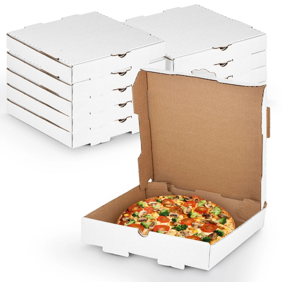 Pack of 50 White Pizza Boxes 14" x 14" x 2" B-Flute Cardboard