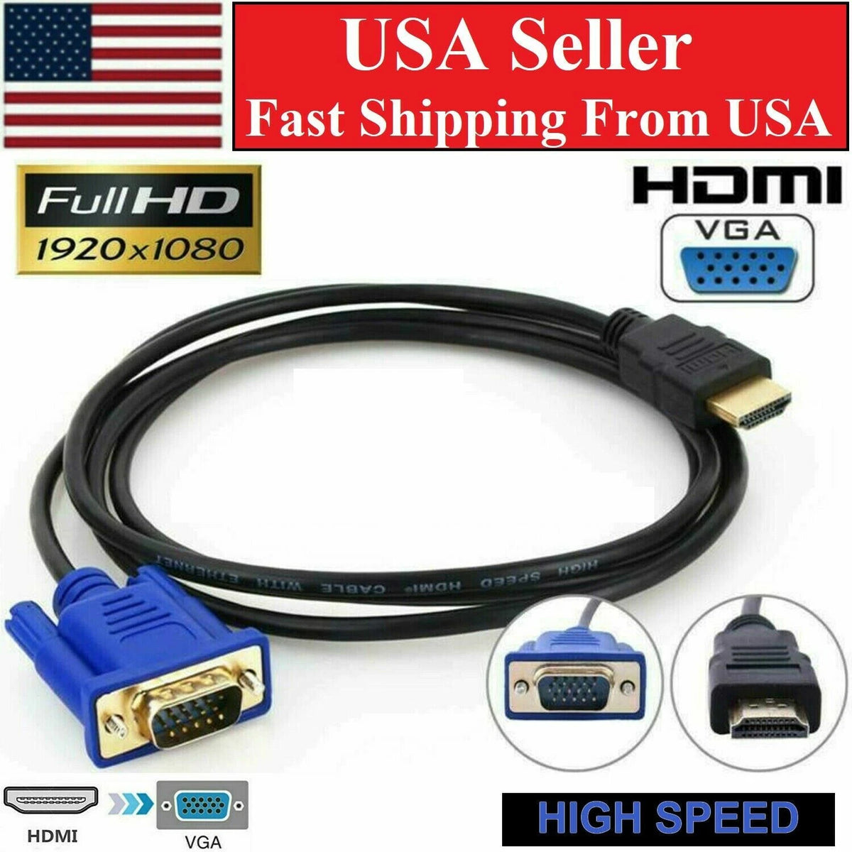 HDMI to VGA Video Converter Adapter Cable for PC DVD 1080P 6FT