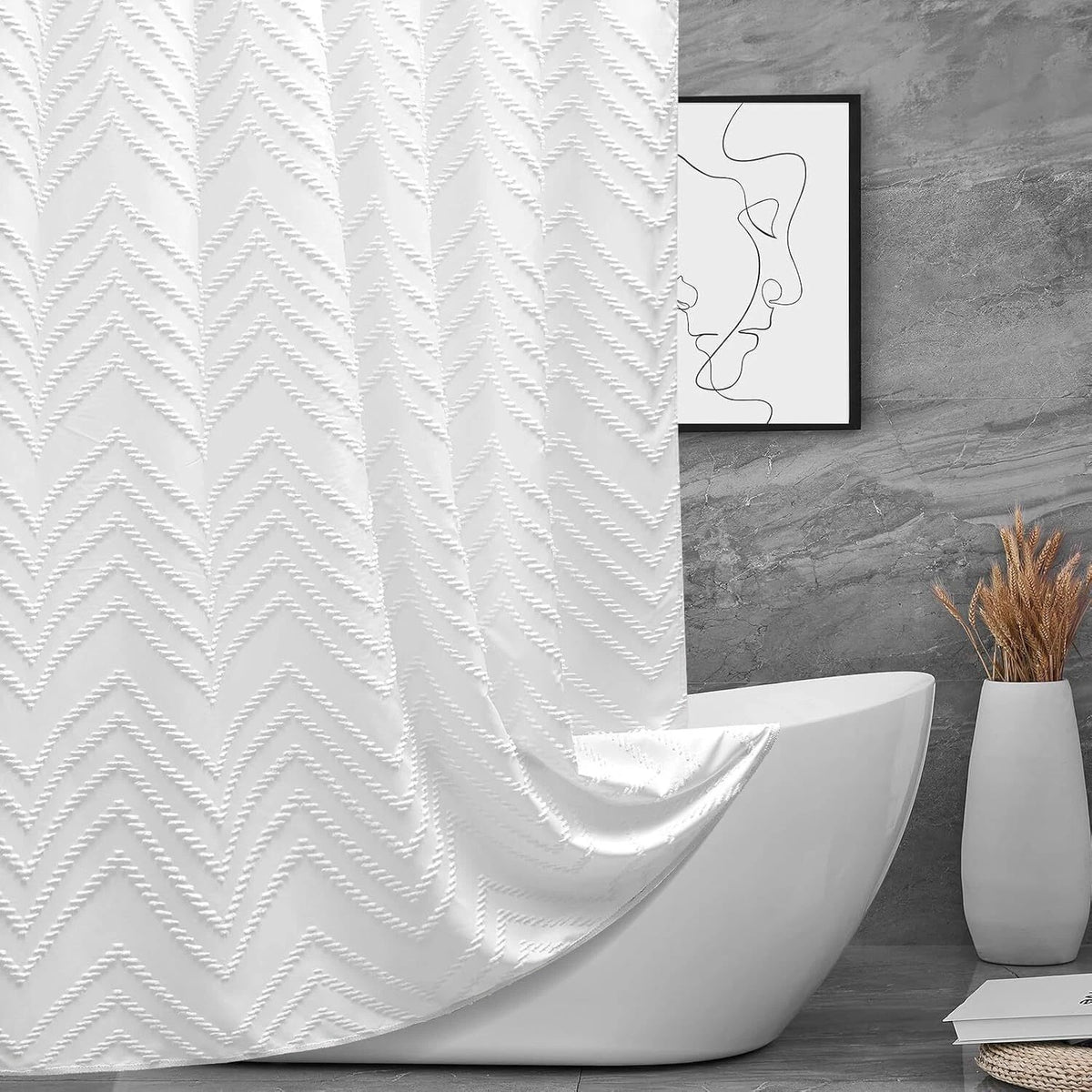 Extra Long Shower Curtain 72 x 84 Inches White Tufted Chevron Striped