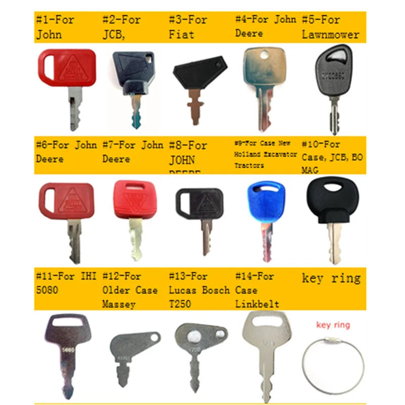 Set of 14 Ignition Keys for Heavy Construction Equipment (JD, Case, Lucas, JCB)