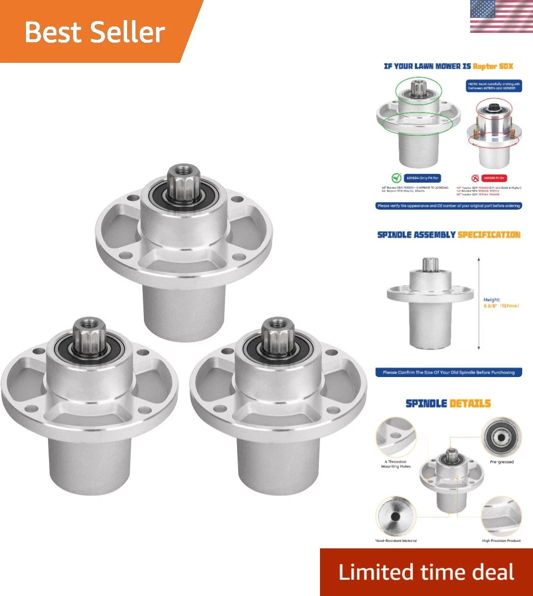 Set of 3 Spindle Assemblies for Hustler Raptor SD/SDX (42")