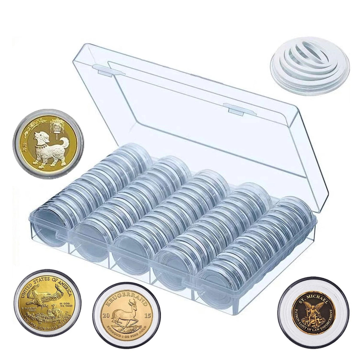 100 Pack Coin Capsules with Storage Box & 5 Sizes (185mm x 120mm x 3mm)
