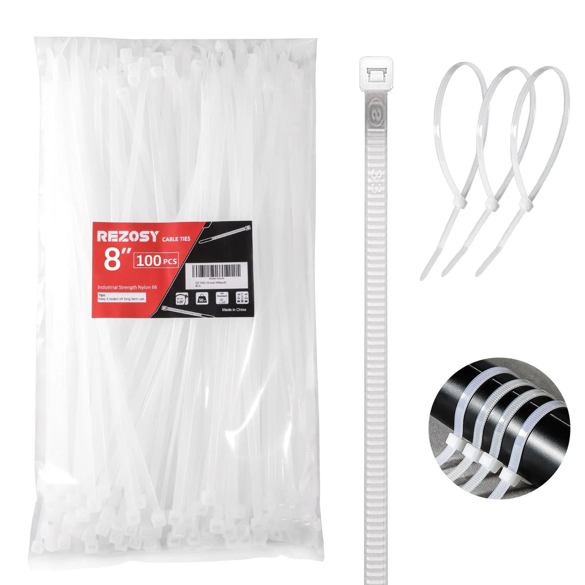 100 Pack White Zip Ties for Automotive Use (8 Inch)