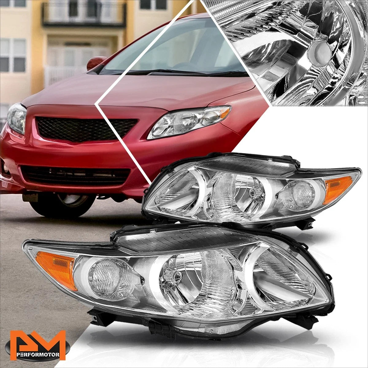 Set of 2 Chrome Housing Headlight Amber Side Corner Signal Lamps for Corolla (2009–2010)