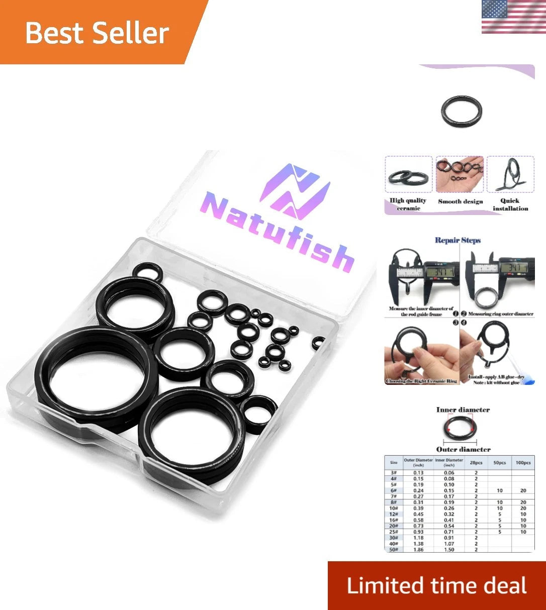 Fishing Rod Eye Repair Kit - 50 Ceramic Rings for Multiple Sizes