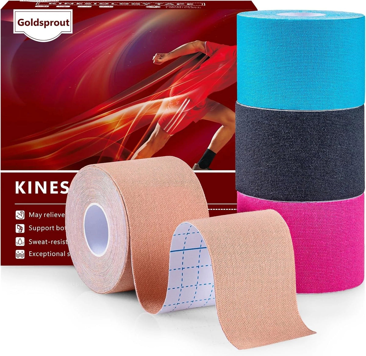 4 Rolls Kinesiology Tape for Pain Relief - Waterproof Athletic
