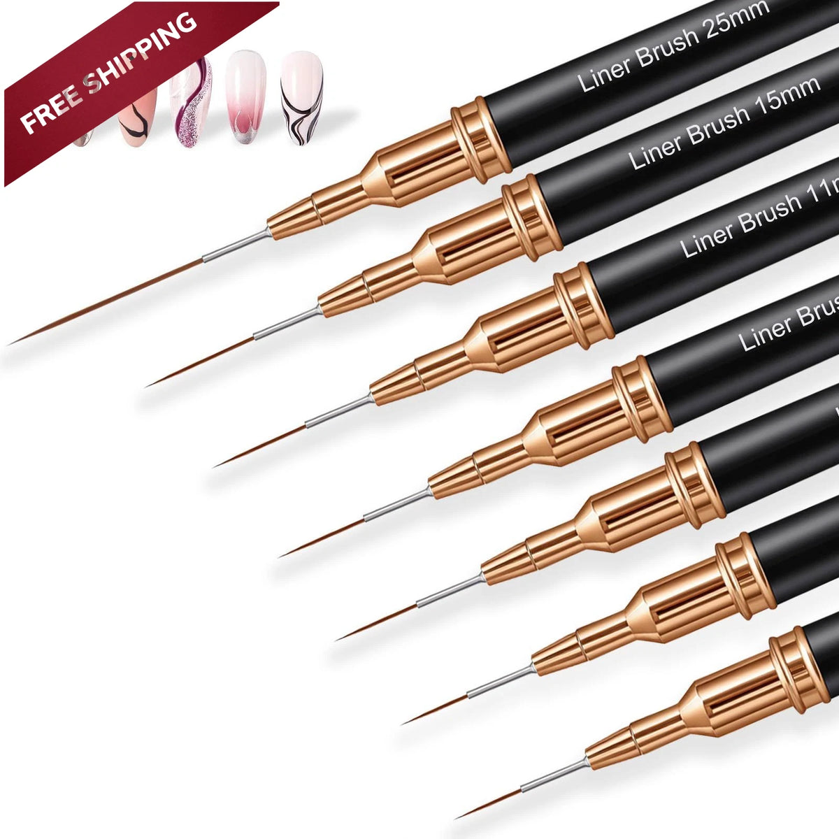 7PCS Metallic Nail Art Brushes Set - 7/9/11/15/25mm Liner Brushes