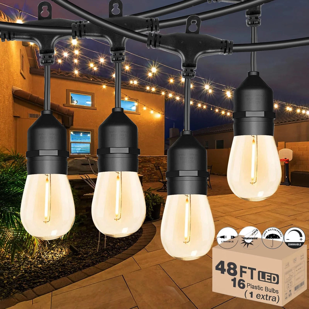 48FT Outdoor String Lights with 15+1 2700K LED S14 Shatterproof Bulbs