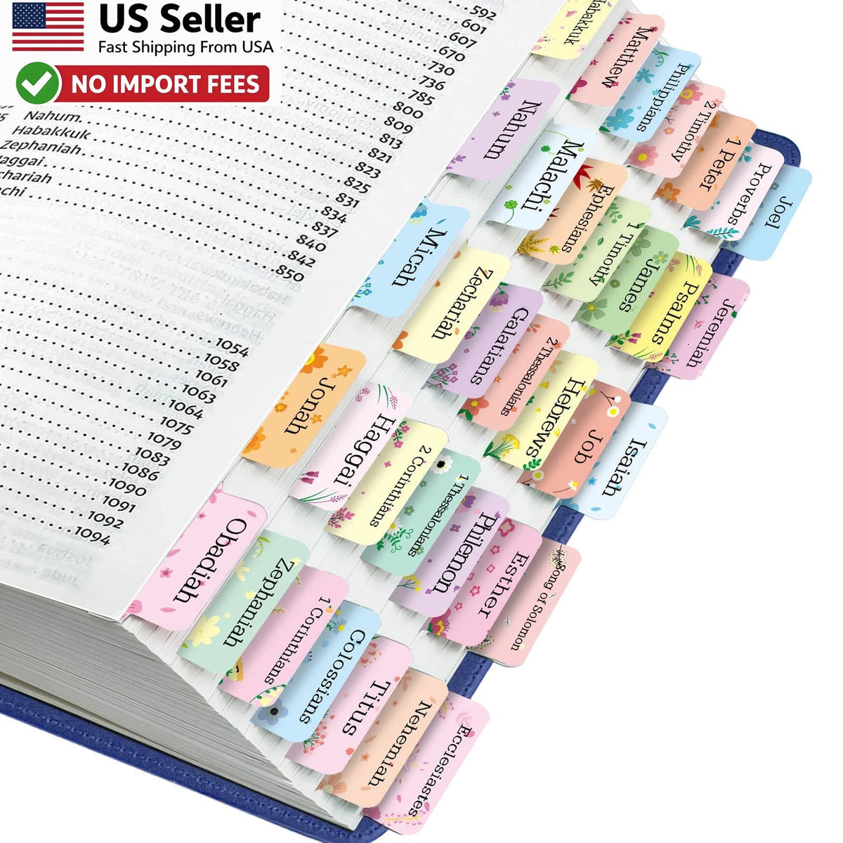 75 Count Floral Bible Index Tabs - Laminated Large Print Easy Navigation