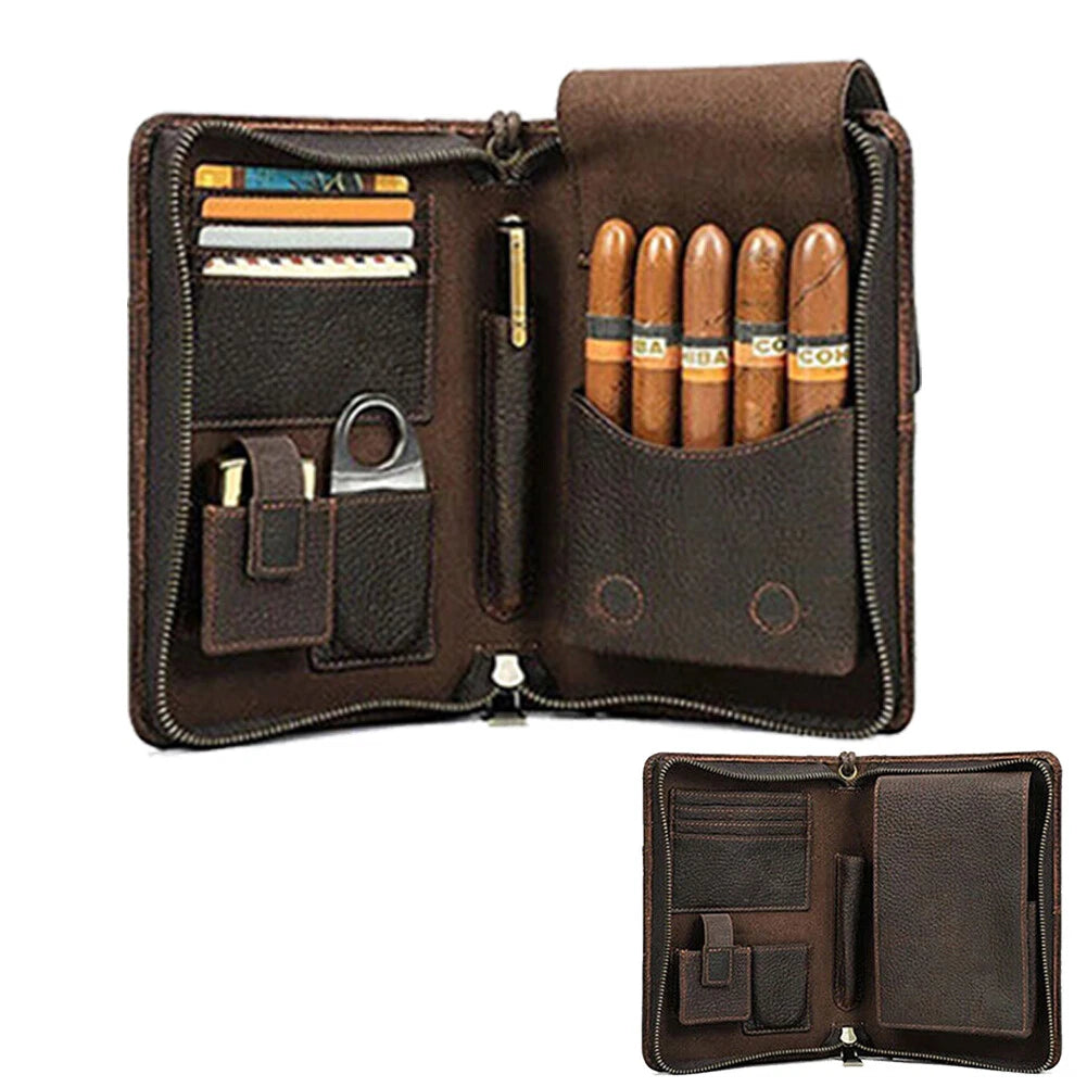 Genuine Leather Cigar Case Travel Humidor Set with Lighter and Cutter