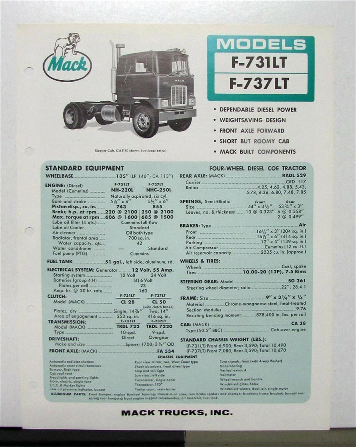 Specification Sheet for Mack Truck Model F 731LT 737LT (1967)