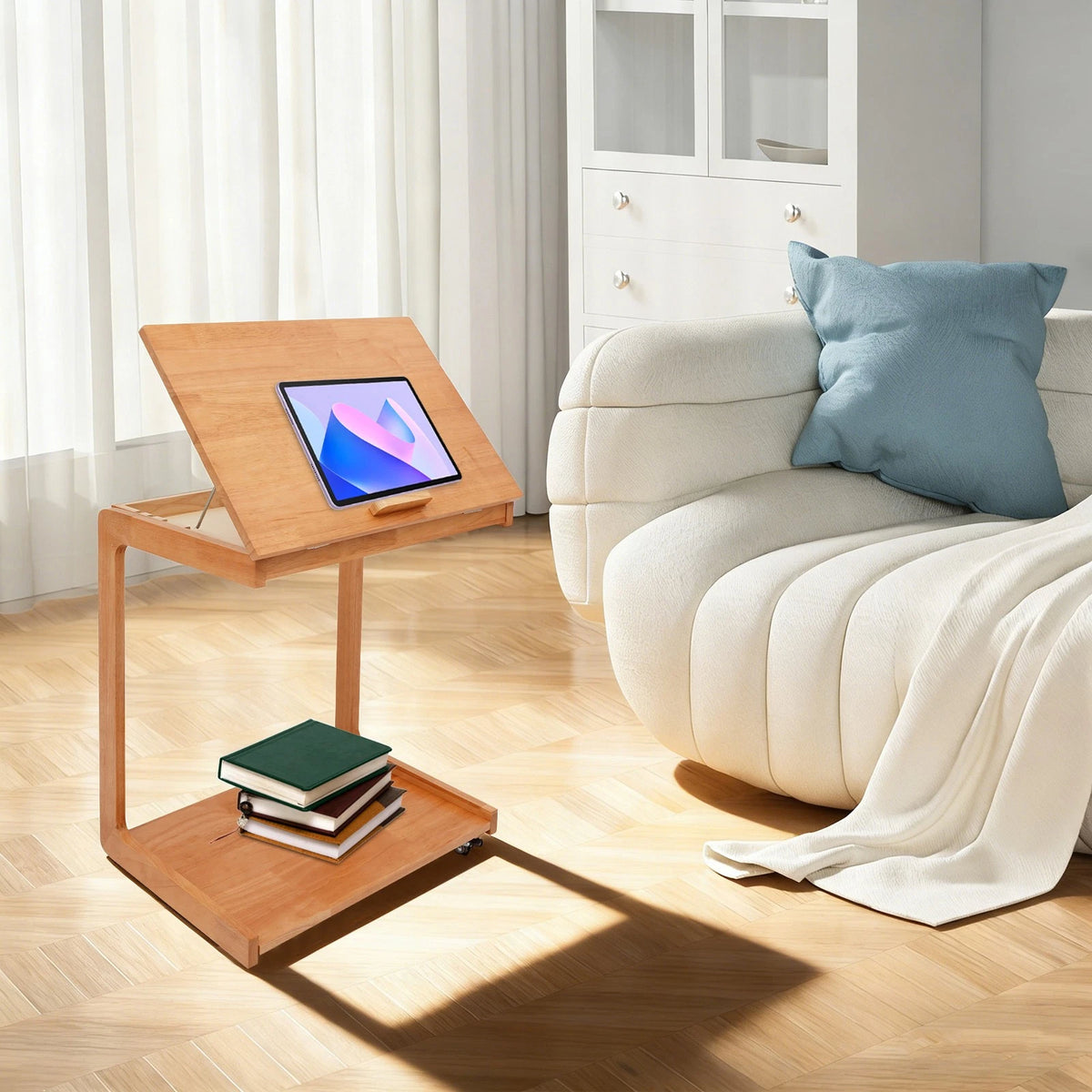 Rolling C-Shaped Side Table with Adjustable Flip Desktop for Sofa