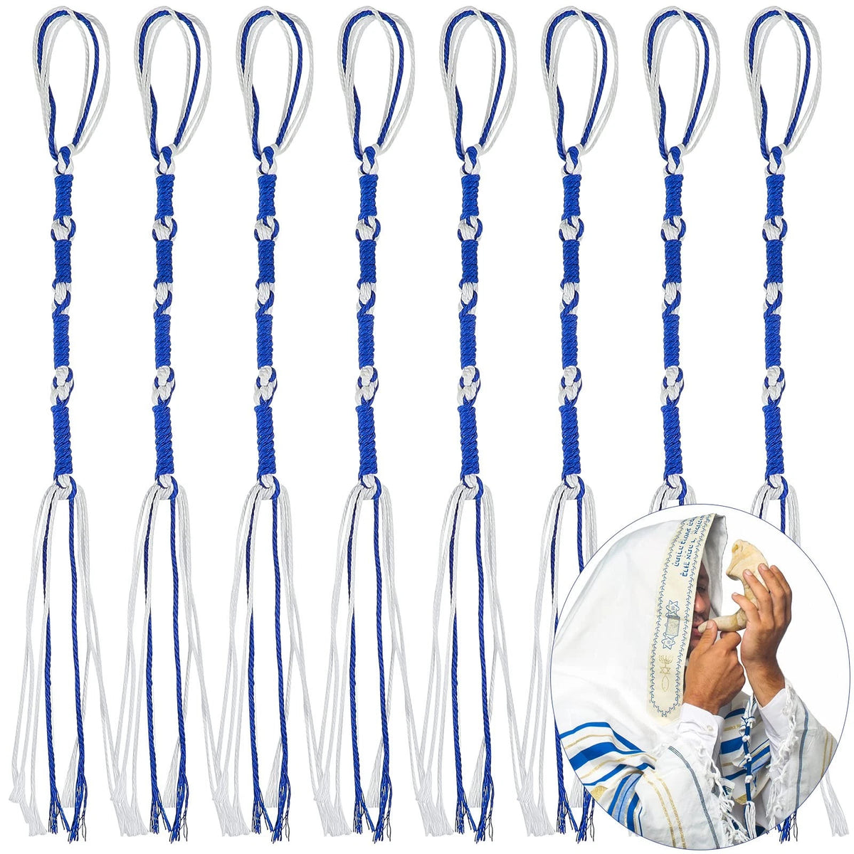 Tzitzits Thread Small Tassels for Prayer Shawl (Adult Size, Blue, White)