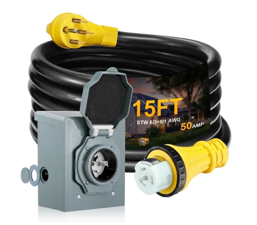 15FT 50A RV Extension Cord with Generator Inlet Box