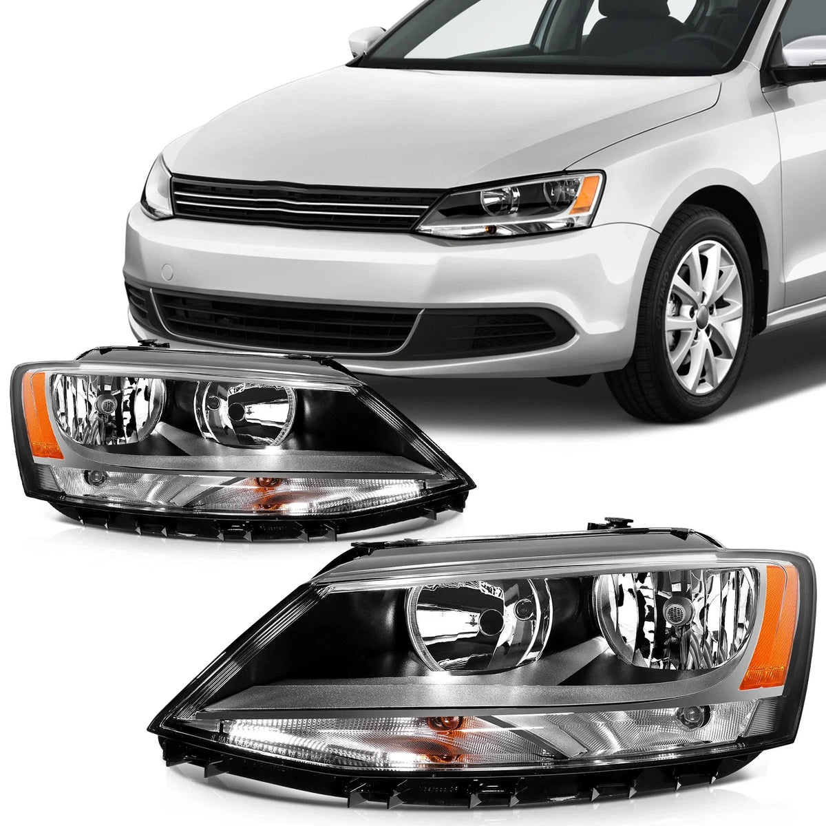 2X Headlight Assembly for Volkswagen Jetta (2011–2018) Black Amber