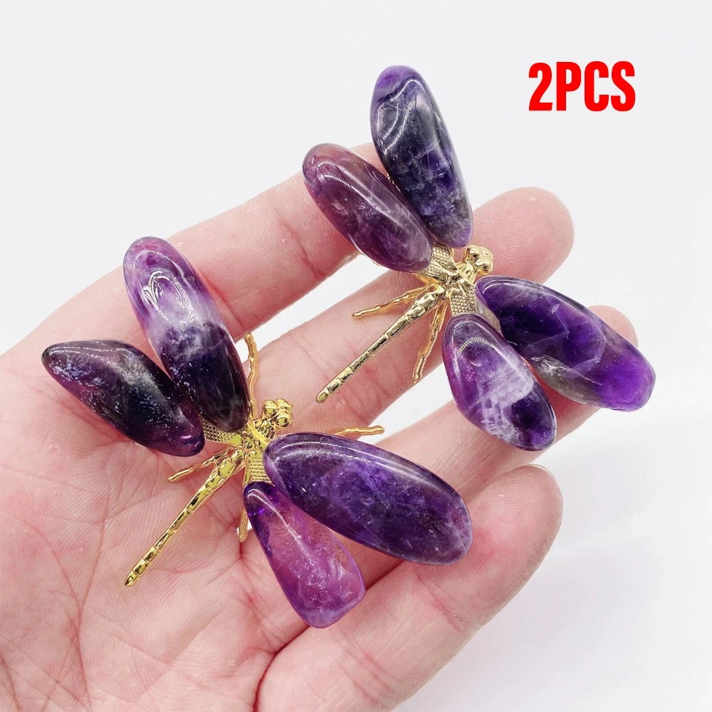 2X Natural Amethyst Dragonfly Carving Crystal Quartz Healing