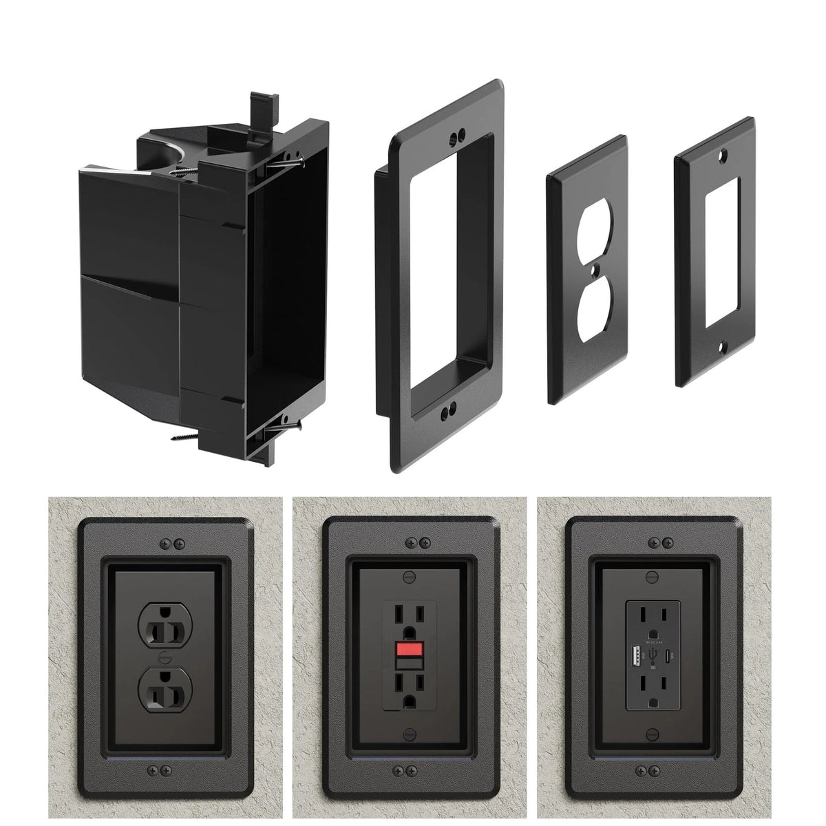 Recessed Outlet Single Gang for Wall Mount TV (Black)