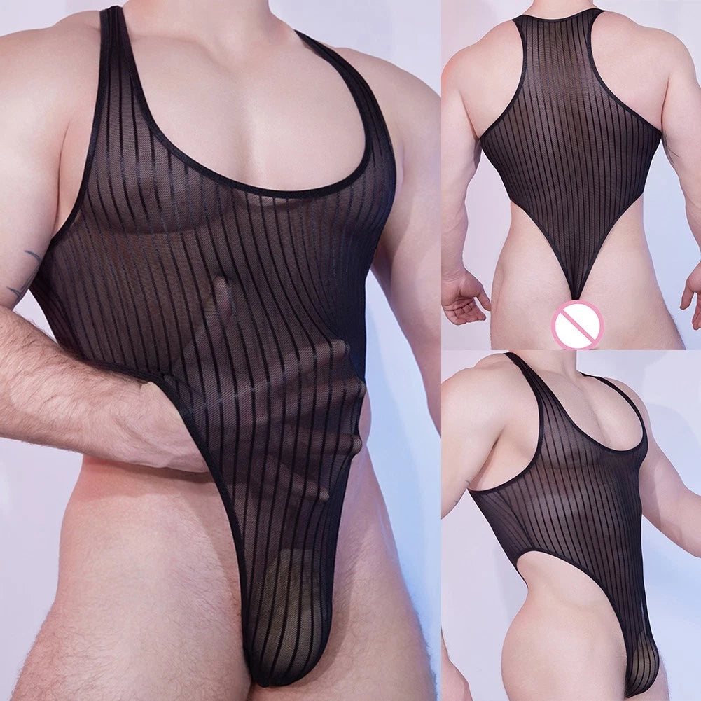 Men's High-Elastic Sheer Tank Top Bodysuit Leotard High-Cut
