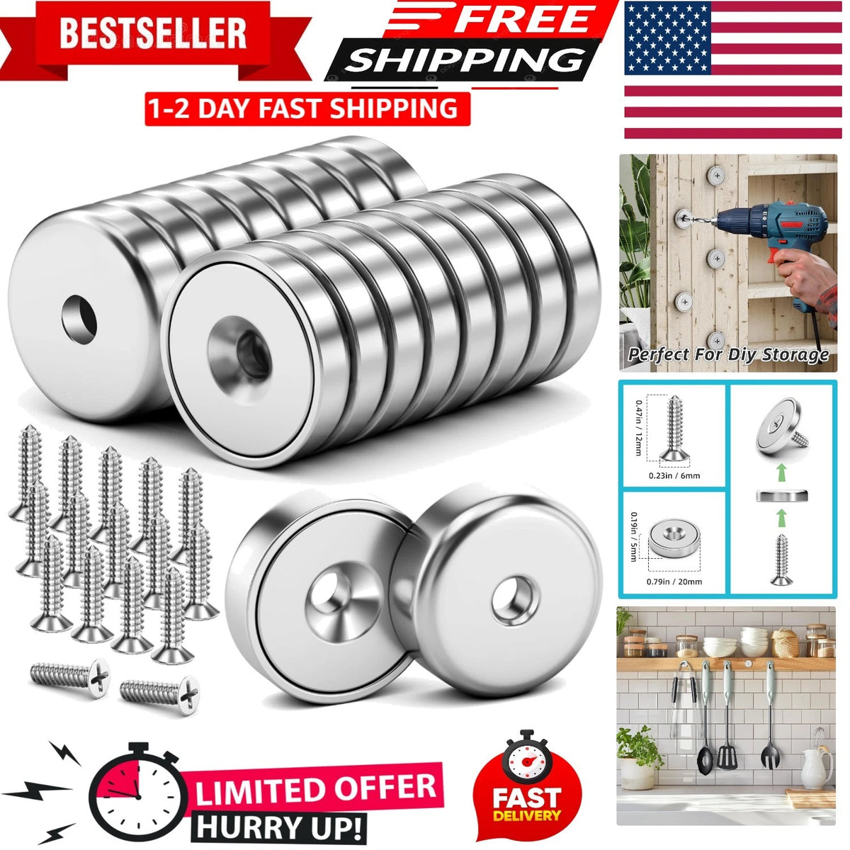 16 Pack Round Cup Magnets with Holes for Wall Mounting