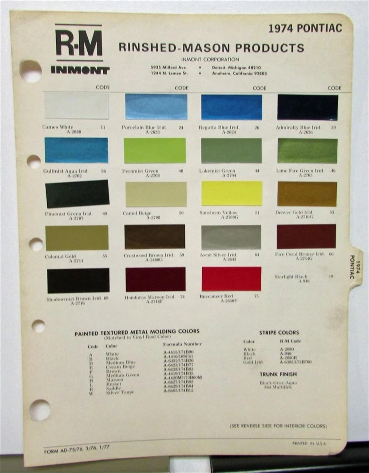 Color Paint Chips Leaflet for Pontiac (1974)