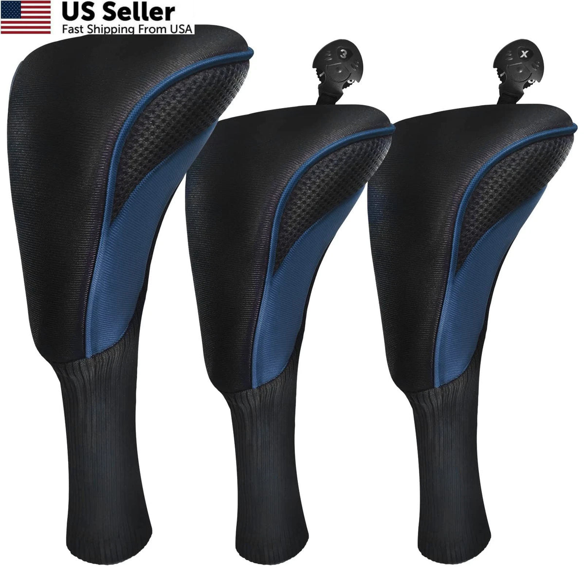 3X Golf Club Head Covers for Fairway Woods Driver Hybrids - Black Blue