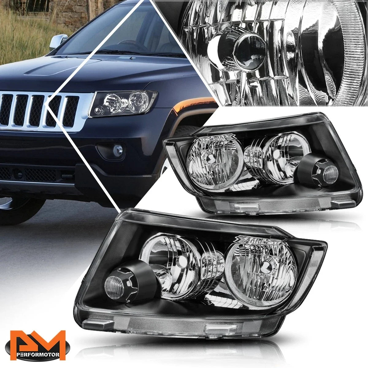 Halogen Headlight Set for Jeep Grand Cherokee (2011–2013) - Clear Side Corner Black