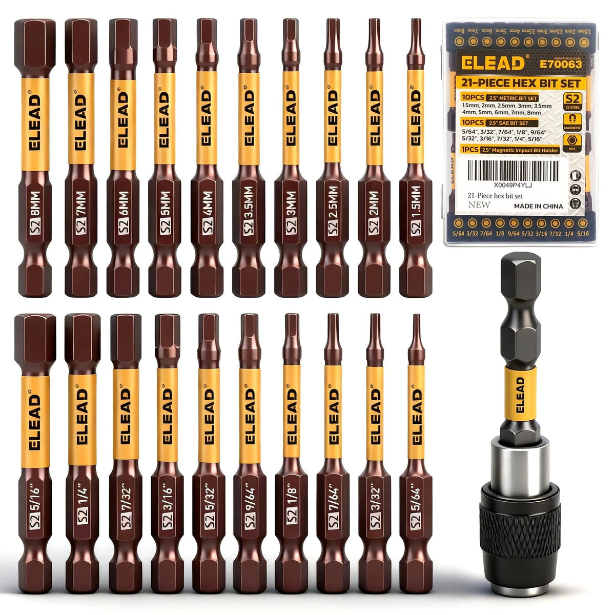 21 Pc Hex Drill Bit Set Impact Allen Key SAE Metric 2.5 Inch Magnetic