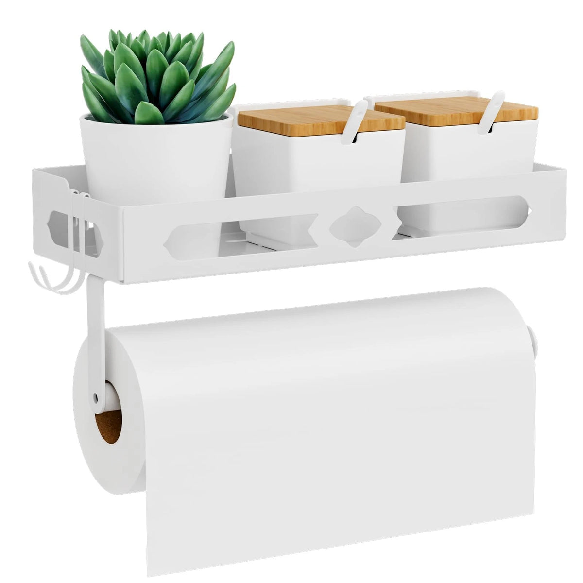 White Paper Towel Holder Wall Mount with Shelf - Adhesive Hand
