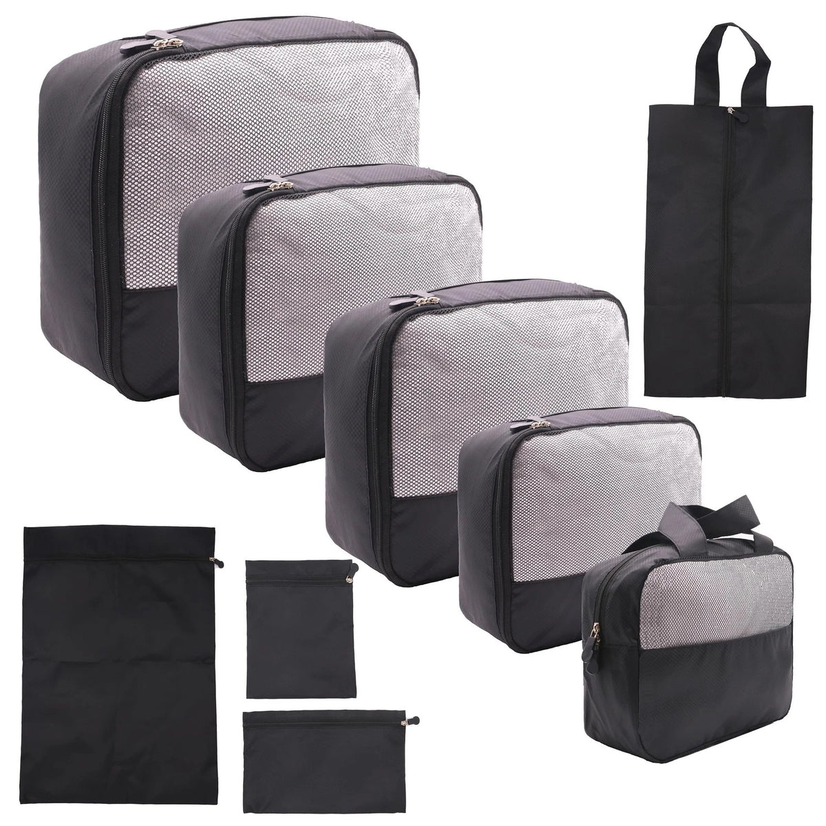 9-Piece Black Travel Organizer Set with 4 Packing Cubes for Travel