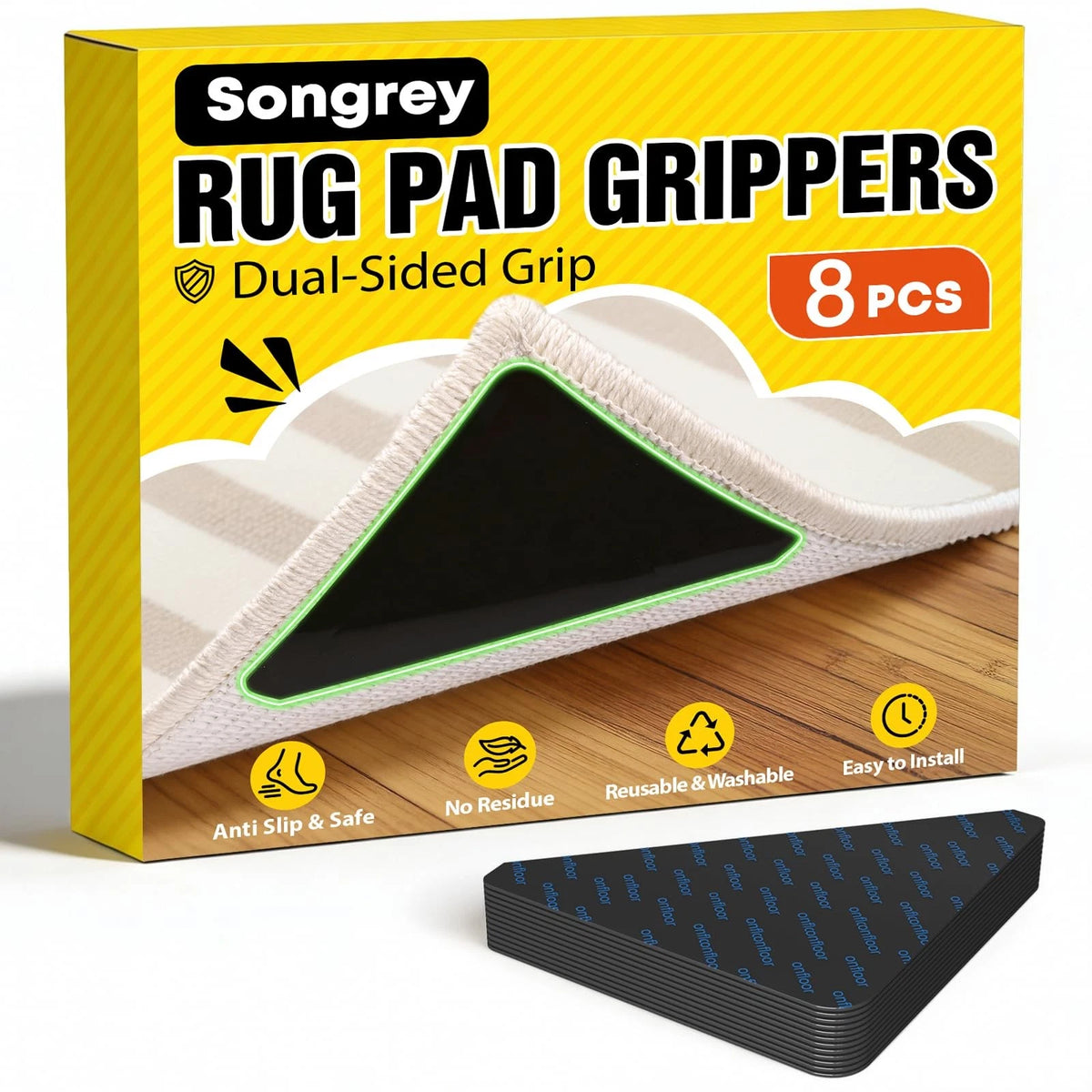 8PCS Rug Tape Corner Grippers for Carpet - Reusable Double-Sided Black