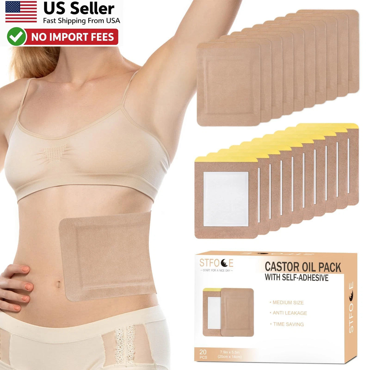 20X Disposable Castor Oil Pack Wraps 7.9x5.5 Self-Adhesive