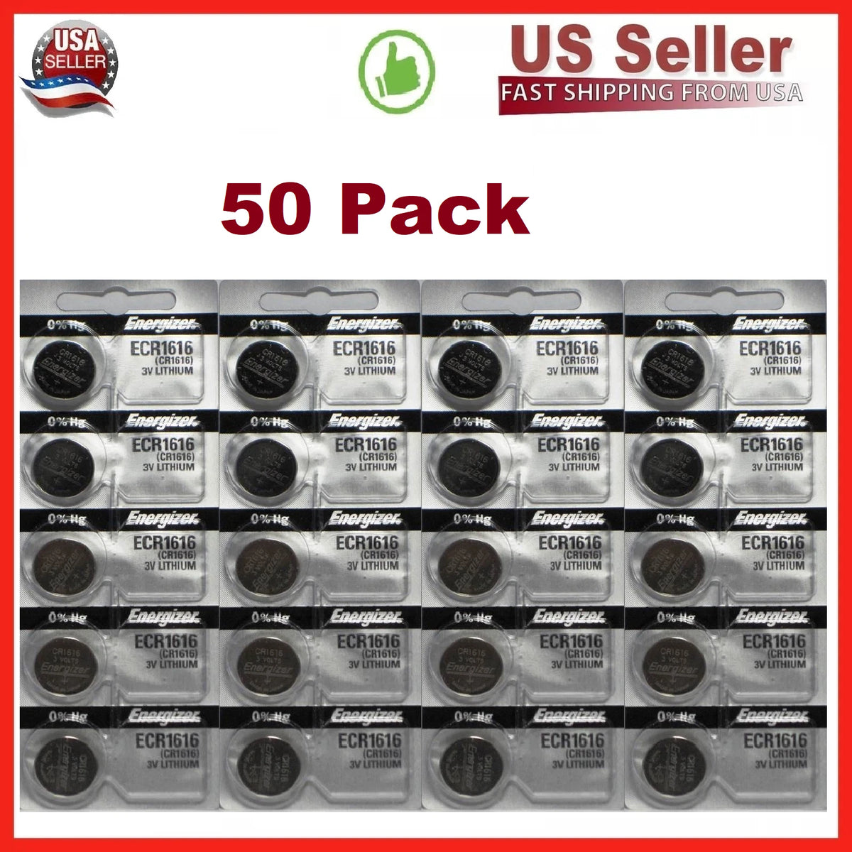 50 Energizer CR1616 3V Lithium Batteries (50 Pack) with Free Tracking