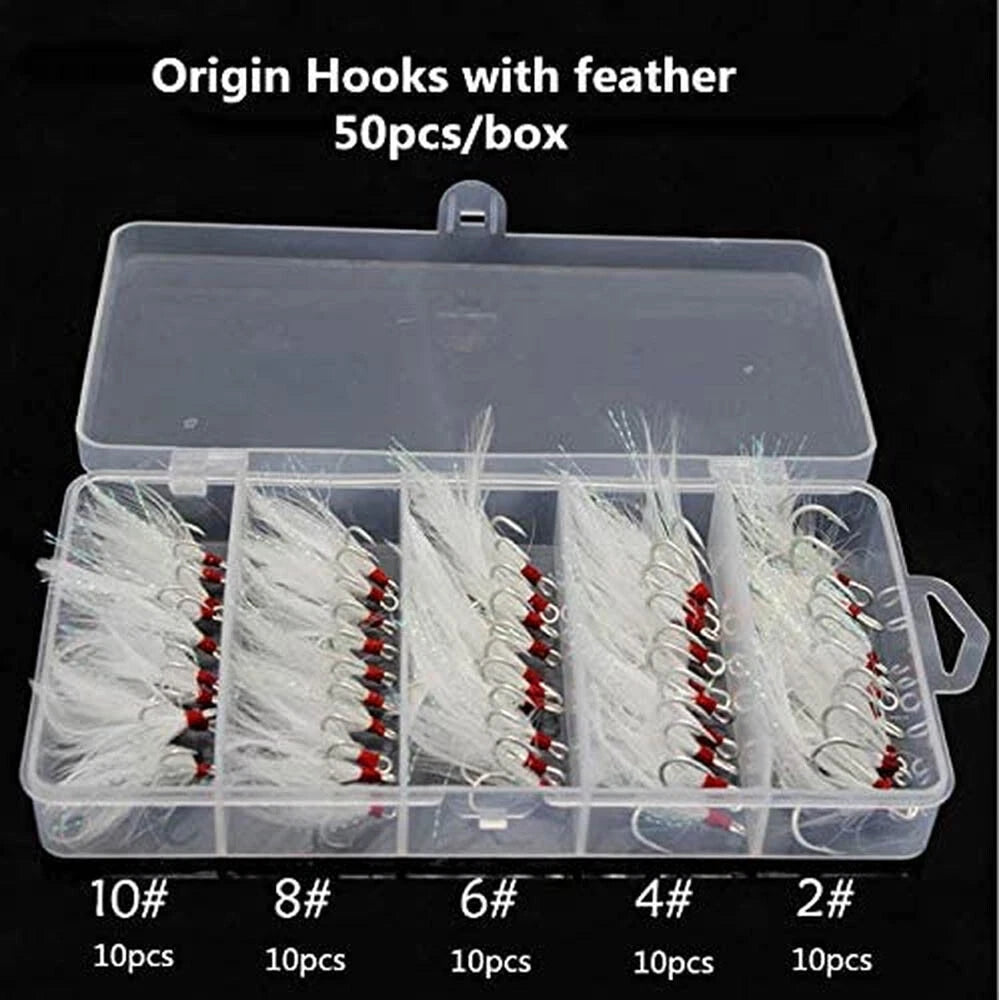 50Pcs Treble Fishing Hooks with Feather Dressed 2/4/6/8/10# Tackle