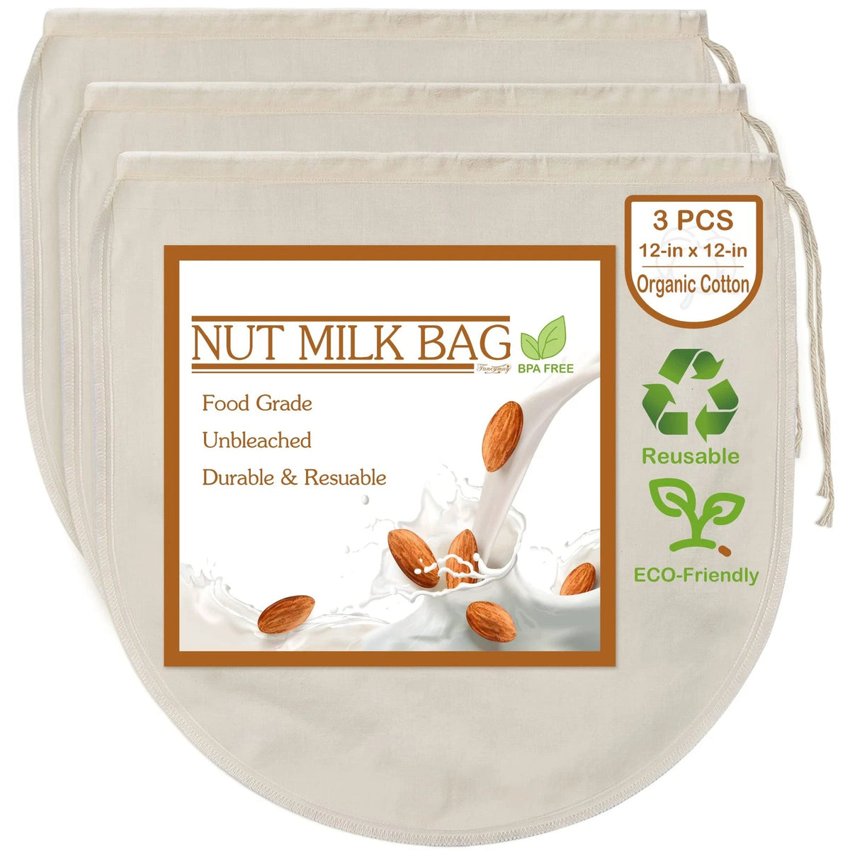 3X 12" Nut Milk Bags for Kitchen Use (100% Unbleached, Grade 90)