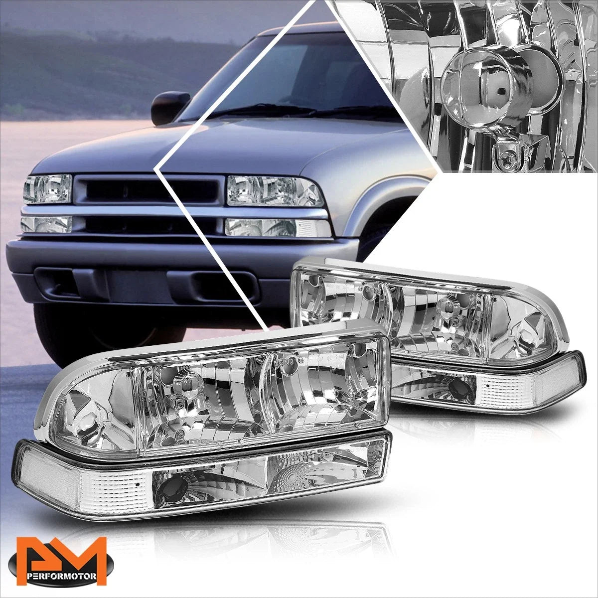 Chrome Housing Headlight & Clear Bumper Corner Lamps for Chevy S10/Blazer (1998–2004)