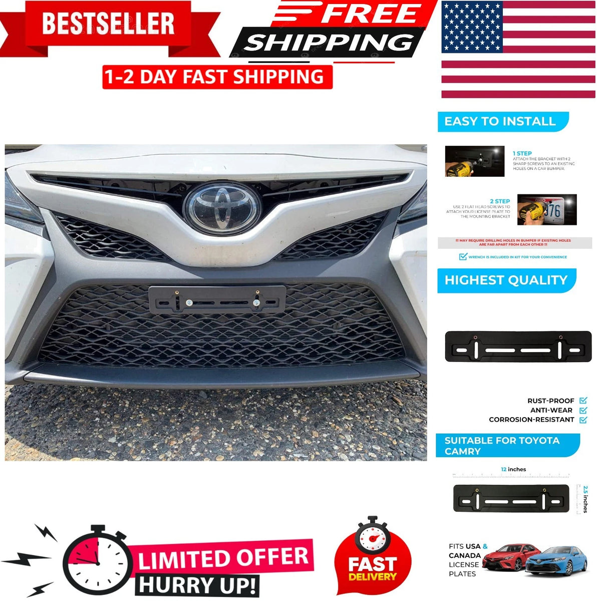 Front Bumper License Plate Holder for Toyota Camry (2018–2026)