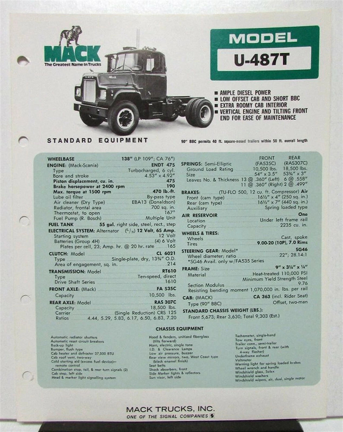 Specification Sheet for Mack Truck Model U 487T (1974)