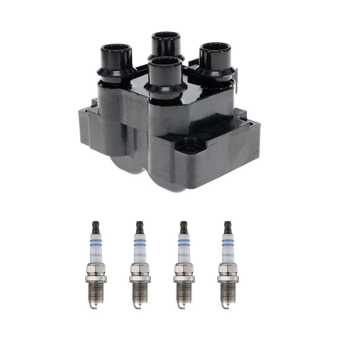 Set of 4 Hitachi Ignition Coils & Bosch Double Iridium Spark Plugs for Mazda 626 (1998–2002)