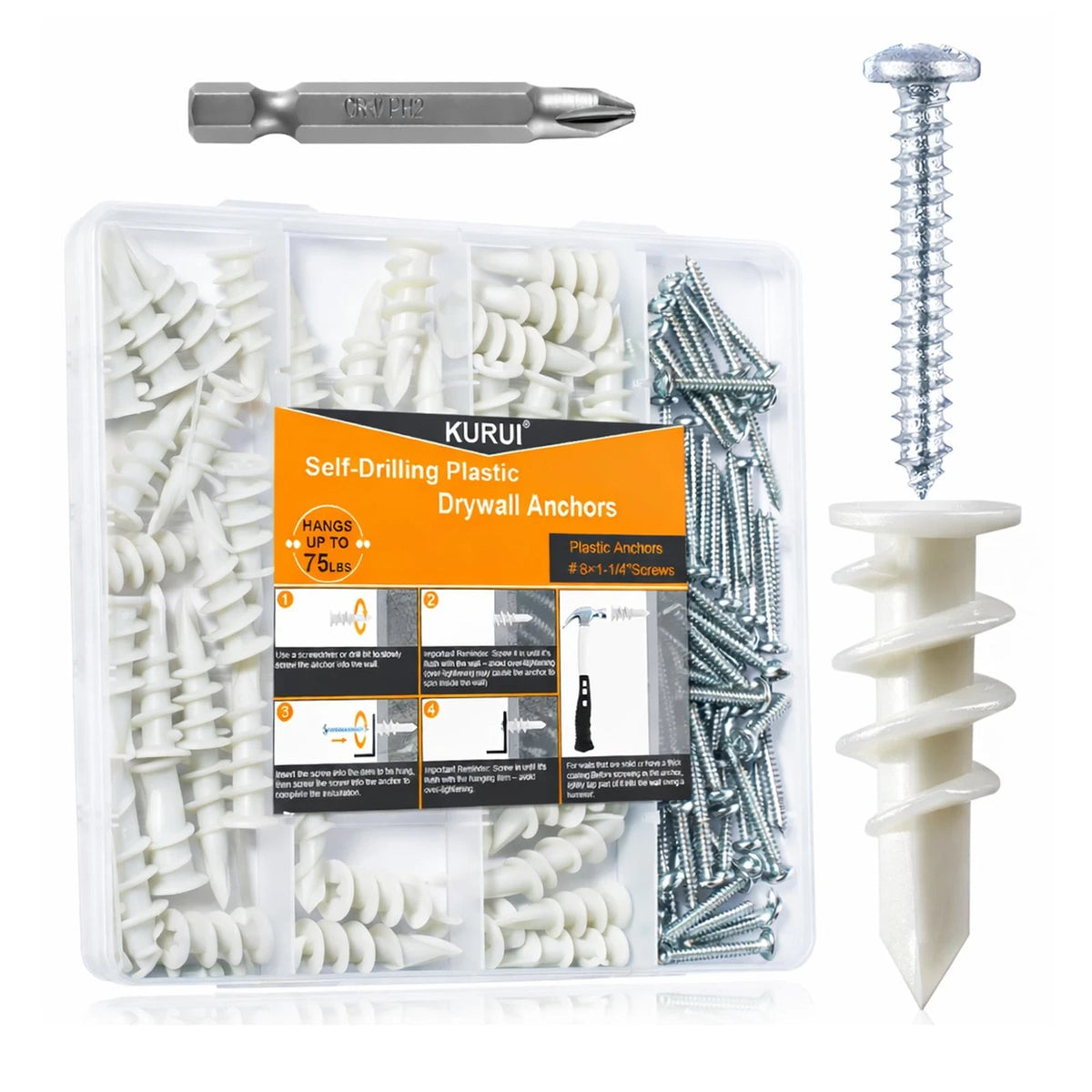 140Pcs #8 Self Drilling Drywall Anchors with Screws Kit