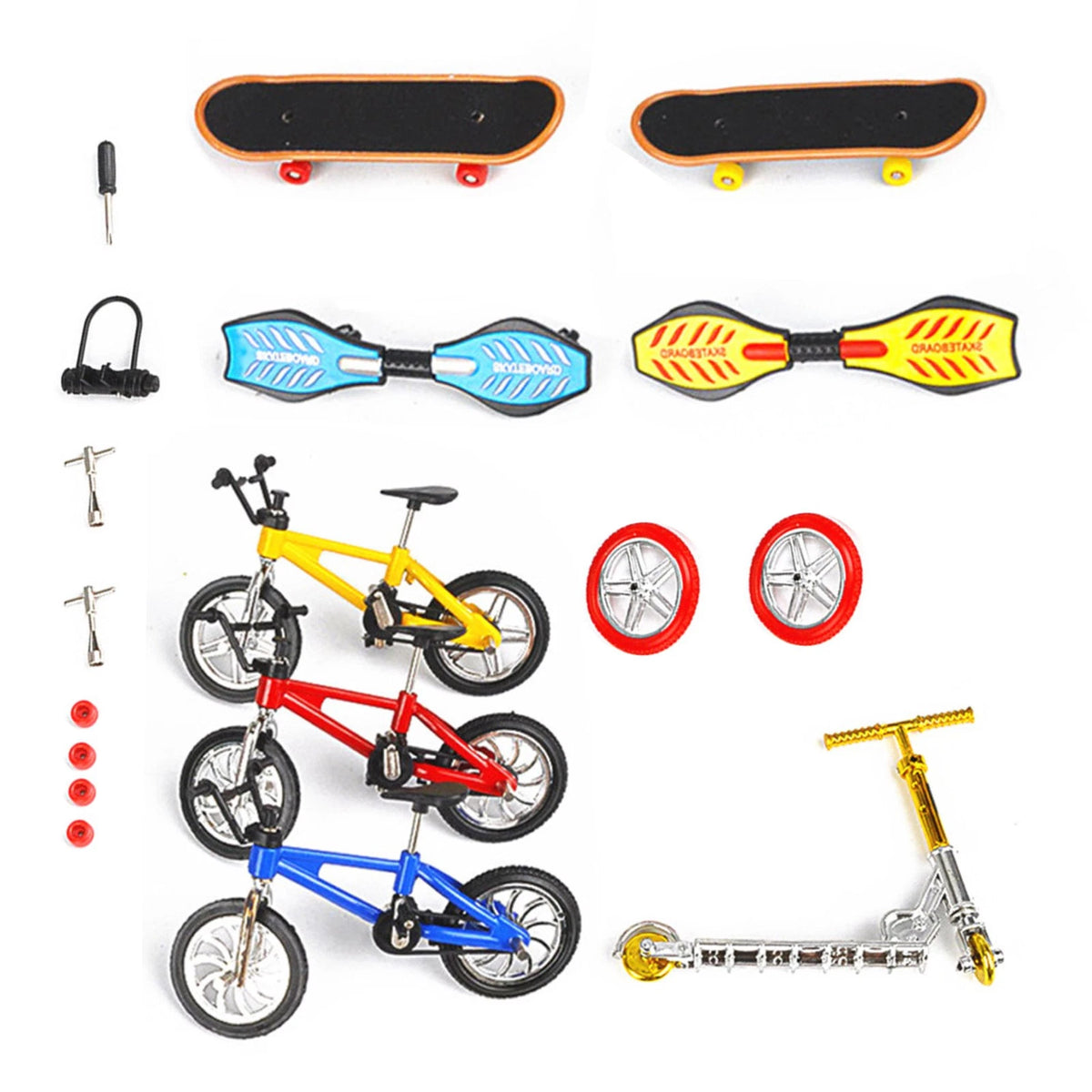 Set of 3 Bikes + 1 Finger Scooter + 2 Skateboards + 2 Vigor Boards for Kids